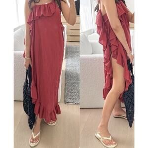 J. Crew One Shoulder 100% Cotton Gauze‎ Beach Pool Coverup Red Brown